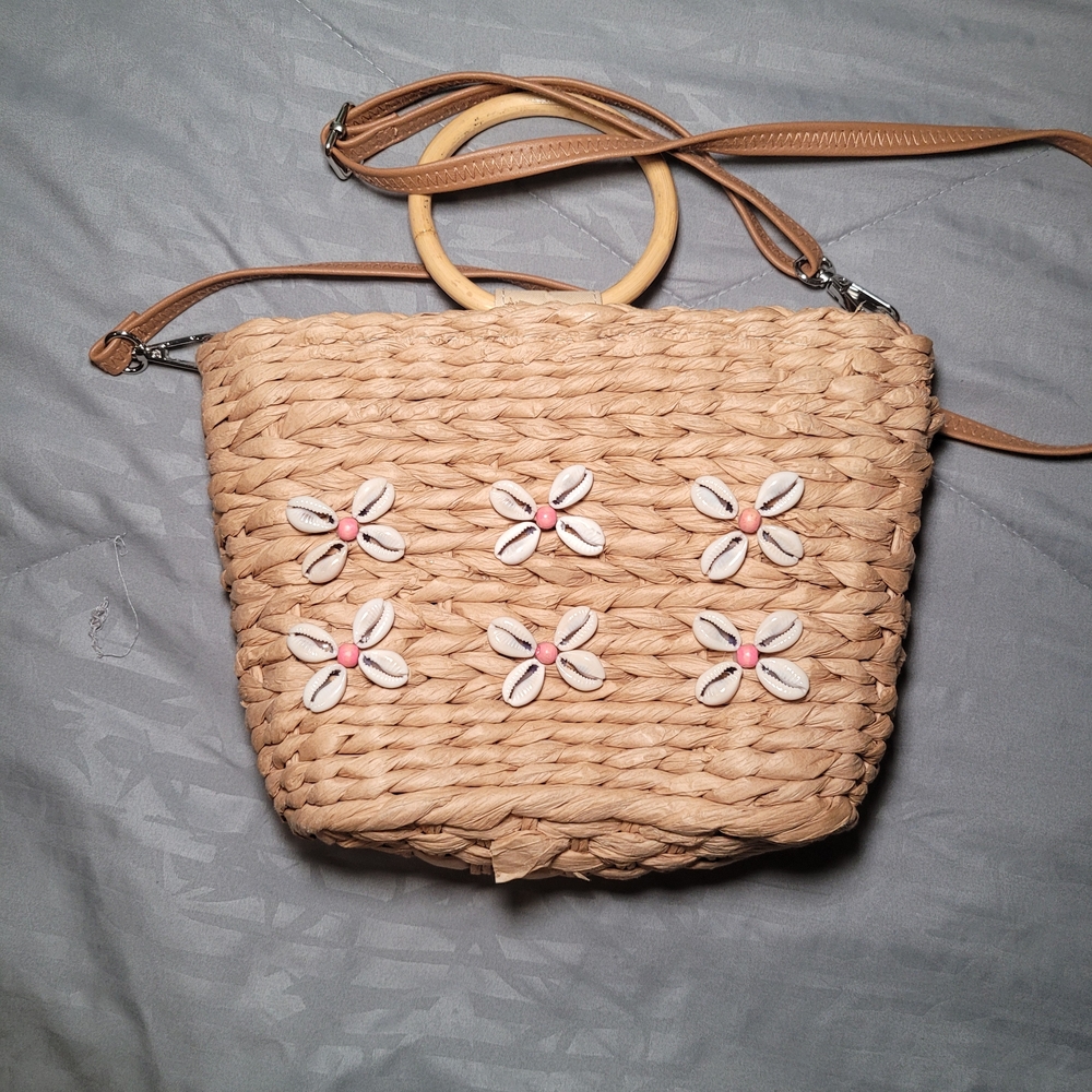 57. Beige Woven Straw Bag with Floral Accents